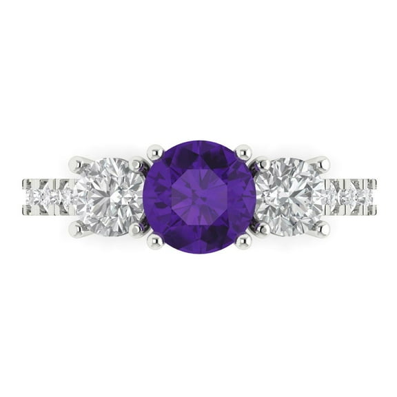 Three-Stone Engagement Ring for Women - 1.97ct Natural Amethyst in 18K White Gold Promise Ring