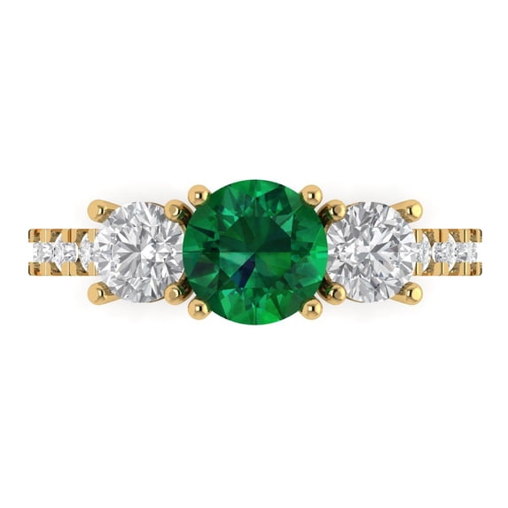 Clara Pucci 14K Yellow Gold Solid Gold Emerald Three-Stone Anniversary Ring for Women - 1.97 cttw Round Cut