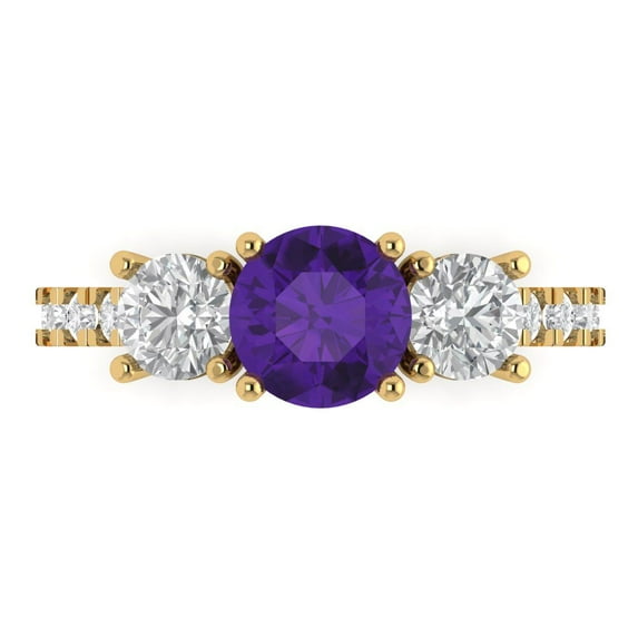 Clara Pucci 14K Yellow Gold Solid Gold Amethyst Three-Stone Anniversary Ring for Women - 1.97 cttw Round Cut