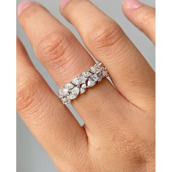 2.03 CTW Marquise Cut Colorless Moissanite Double Row Half Eternity Wedding Band, Designer Stackable Bridal Band, Anniversary Gold Gift Ring