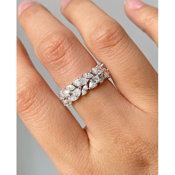 2.03 CTW Marquise Cut Colorless Moissanite Double Row Half Eternity Wedding Band, Designer Stackable Bridal Band, Anniversary Gold Gift Ring