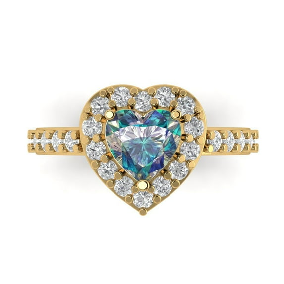 2.03 ctw with Simulated Diamond Halo Accents Anniversary Ring for Women | Heart Cut Blue Moissanite | Hyperallergenic Solid 14K Yellow Gold