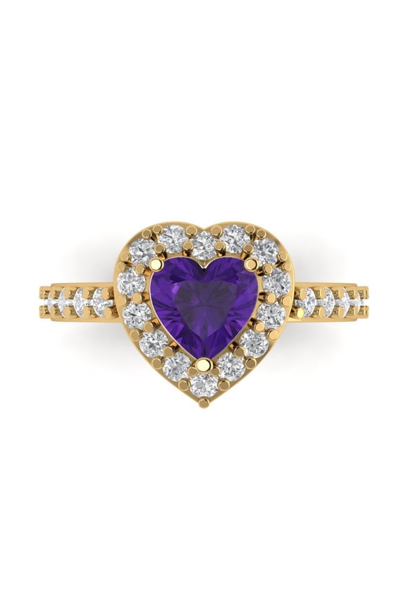 2.03 ct Heart Cut Natural Amethyst with Simulated Diamond Halo Accents 18K Yellow Gold Womens Engagement Ring