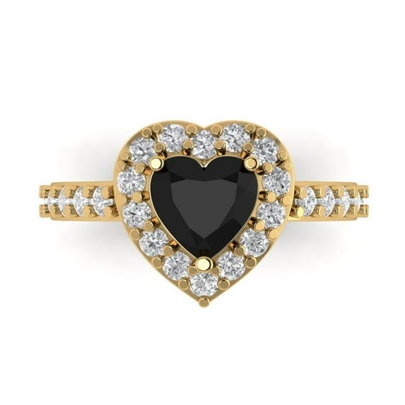 2.03 ctw with Simulated Diamond Halo Accents Anniversary Ring for Women | Heart Cut Natural Onyx | Hyperallergenic Solid 14K Yellow Gold
