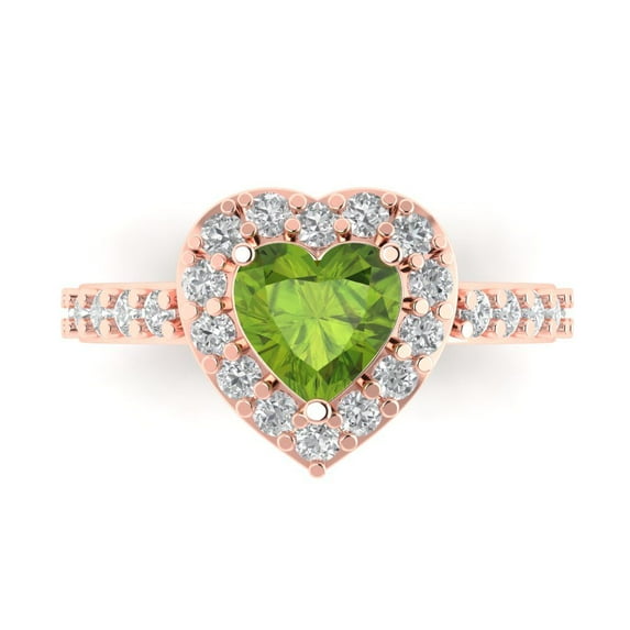 2.03 ct Heart Cut Natural Peridot with Simulated Diamond Halo Accents 14K Rose Gold Womens Engagement Ring