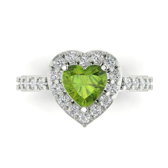 2.03 ct Heart Cut Natural Peridot with Simulated Diamond Halo Accents 18K White Gold Womens Engagement Ring