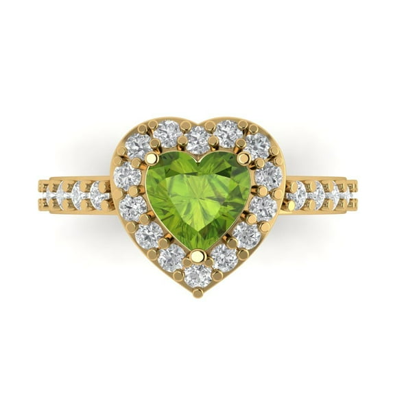 2.03 ct Heart Cut Natural Peridot with Simulated Diamond Halo Accents 18K Yellow Gold Womens Engagement Ring
