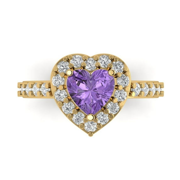 2.03 ctw with Simulated Diamond Halo Accents Anniversary Ring for Women | Heart Cut Simulated Alexandrite | Hyperallergenic Solid 18K Yellow Gold