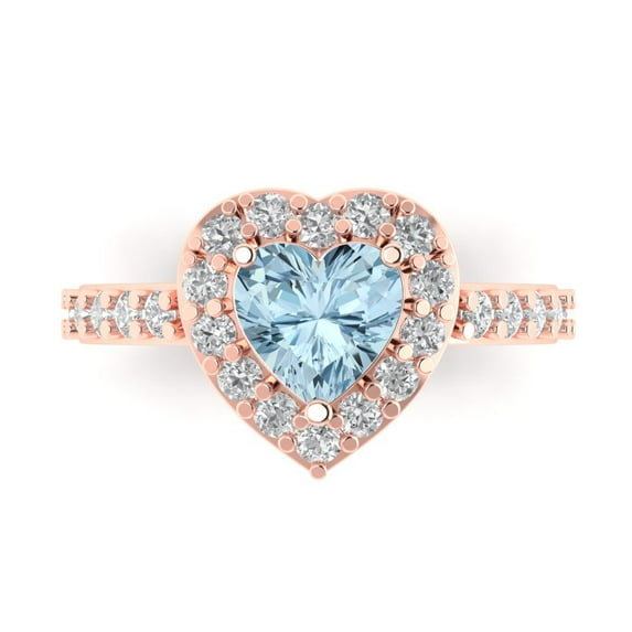 2.03 ct Heart Cut Simulated Blue Diamond with Simulated Diamond Halo Accents 18K Rose Gold Womens Engagement Ring