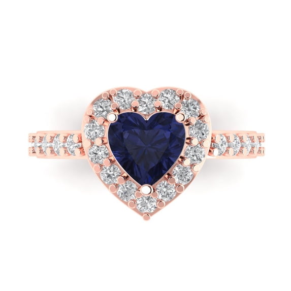 2.03 ctw with Simulated Diamond Halo Accents Anniversary Ring for Women | Heart Cut Simulated Blue Sapphire | Hyperallergenic Solid 14K Rose Gold