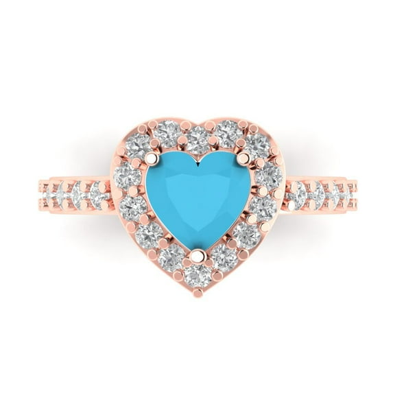 2.03 ctw with Simulated Diamond Halo Accents Anniversary Ring for Women | Heart Cut Simulated Turquoise | Hyperallergenic Solid 18K Rose Gold