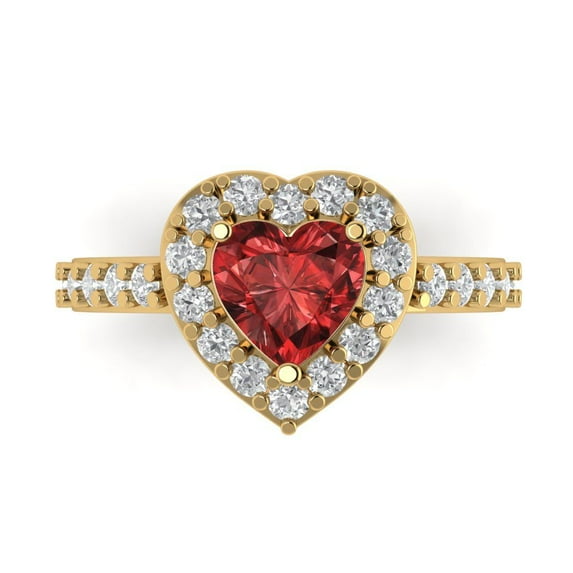 2.03 ctw with Simulated Diamond Halo Accents Anniversary Ring for Women | Heart Cut Natural Garnet | Hyperallergenic Solid 18K Yellow Gold