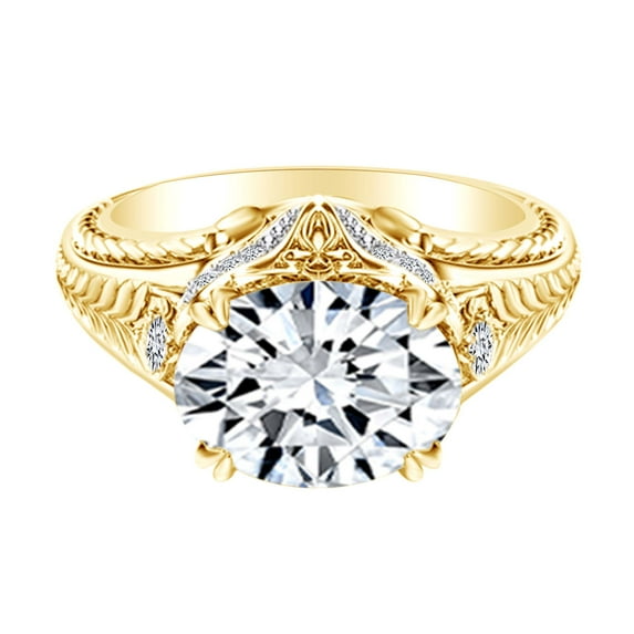 AFFY 2.04 Carat Oval Shape Moissanite & Natural Diamond Engagement Ring 14K Solid Yellow Gold Ring Size-8.5