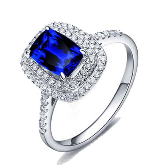 2.05 Carat 7mm Cushion Cut Vintage Blue Sapphire And Moissanite Diamond Halo Engagement Ring for Women in 10k White Gold