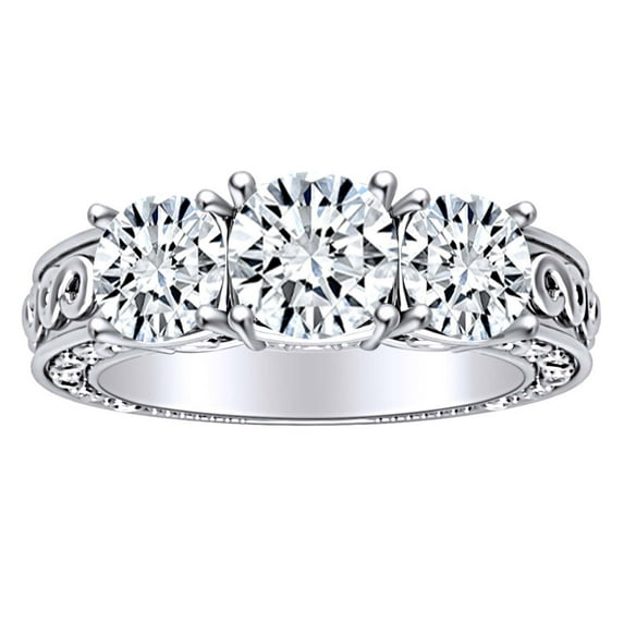 AFFY 2.05 Carat (Cttw) Round Shape White Natural Diamond Three Stone Engagement Ring In 14k Solid White Gold Ring Size-5.5