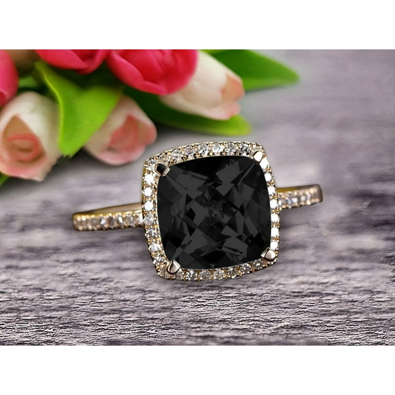 2.05 Carat Cushion Cut Black Diamond Moissanite Diamond Engagement Ring On 10k Black Diamond Moissanite Yellow Gold Ring