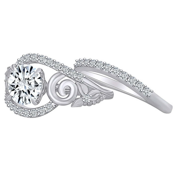 AFFY 2.05 Carat Round Moissanite & Natural Diamond Floral Engagement Ring & Band 14K Solid White Gold Ring Size-8.5
