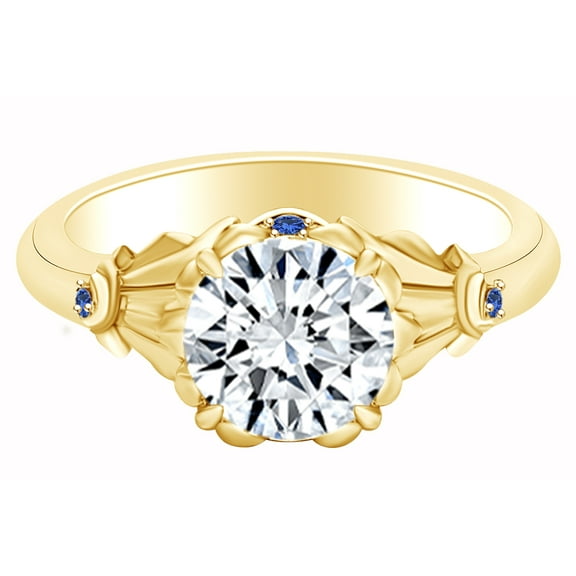 AFFY 2.05 Carat Round Shape Moissanite & Simulated Blue Sapphire Two-Tone Engagement Ring 14K Solid Yellow Gold Ring Size-5