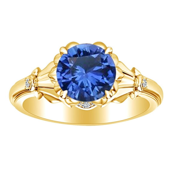 AFFY 2.05 Carat Round Shape Simulated Blue Sapphire & Natural Diamond Engagement Ring 14K Solid Yellow Gold Ring Size-8.5