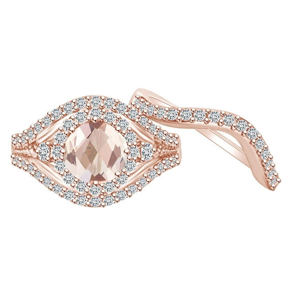 AFFY 2.05 Carat Round Shape Simulated Pink Morganite & Natural Diamond Bridel Ring Set 14K Solid Rose Gold Ring Size-8.5