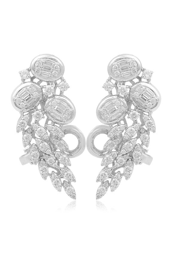 2.05 TCW HI/SI Baguette Diamond Ear Cuff Stud Earrings 18K White Gold Jewelry