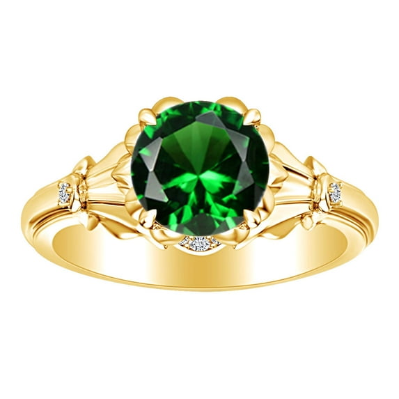 AFFY 2.05 carat Round Shape Simulated Green Emerald Engagement Ring 14K Solid Yellow Gold Ring Size-5