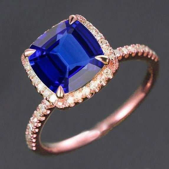 2.05 ct Blue Sapphire 7mm Cushion Cut And Moissanite Diamond Engagement Ring in 10k Rose Gold