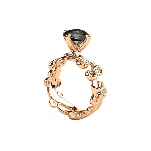 2.06 CTW Black Diamond Ring 14K Rose Gold Filigree Leaf Leaves