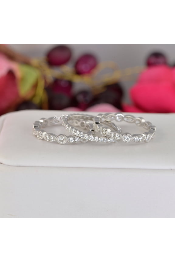 2.06ct Full Eternity & 2 Art Deco Wedding Band Stack Promise Ring Diamond Simulated 925 Sterling Silver Anniversary Ring SKU:00194