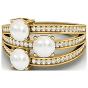 MOONEYE 2.07 Carat Round Pearl 925 Sterling Silver Gold Vermeil Three Stone Women Engagement Ring