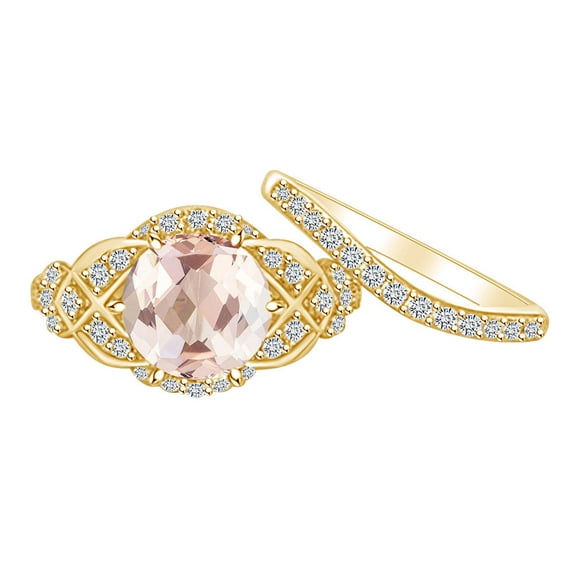 AFFY 2.07 Carat Round Simulated Morganite & Natural Diamond Vintage Style Engagement Ring 14K Solid Yellow Gold Ring Size-6.5