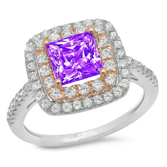 2.07 ct Princess Cut Natural Amethyst with Simulated Diamond Halo Accents 18K White/Rose Gold Womens Engagement Ring
