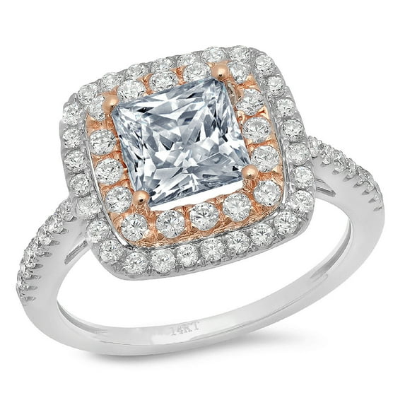 2.07 ct Princess Cut Natural Aquamarine with Simulated Diamond Halo Accents 18K White/Rose Gold Womens Engagement Ring