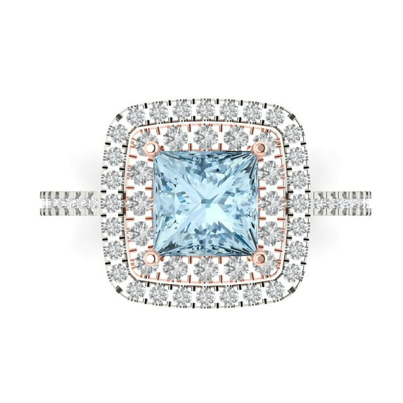 2.07 ctw with Simulated Diamond Halo Accents Anniversary Ring for Women | Princess Cut Natural Aquamarine | Hyperallergenic Solid 18K White/Rose Gold