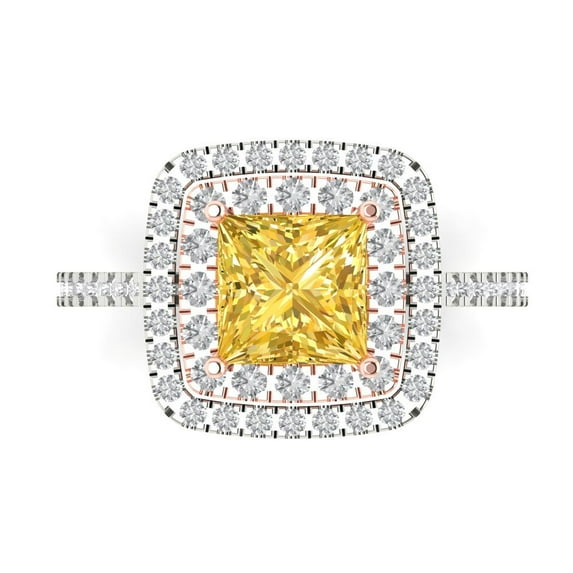 2.07 ct Princess Cut Natural Citrine with Simulated Diamond Halo Accents 14K White/Rose Gold Womens Engagement Ring