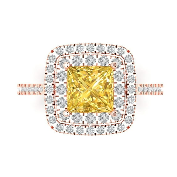 2.07 ct Princess Cut Natural Citrine with Simulated Diamond Halo Accents 18K Rose Gold Womens Engagement Ring
