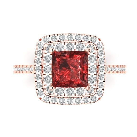 2.07 ctw with Simulated Diamond Halo Accents Anniversary Ring for Women | Princess Cut Natural Garnet | Hyperallergenic Solid 14K Rose Gold