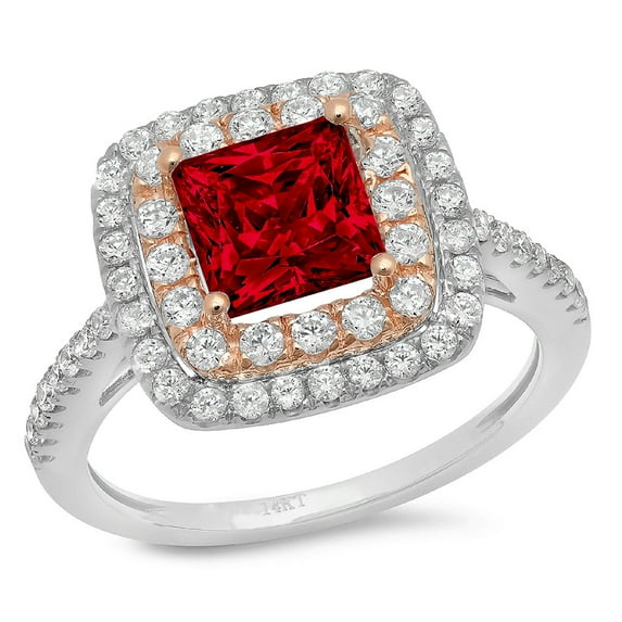 2.07 ct Princess Cut Natural Garnet with Simulated Diamond Halo Accents 18K White/Rose Gold Womens Engagement Ring