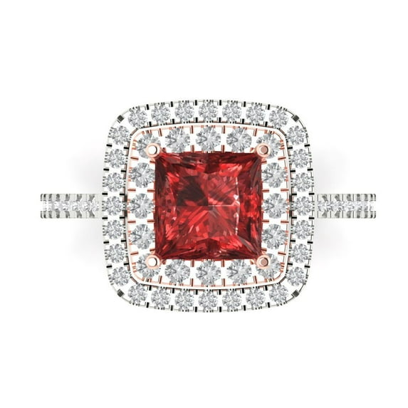 2.07 ctw with Simulated Diamond Halo Accents Anniversary Ring for Women | Princess Cut Natural Garnet | Hyperallergenic Solid 18K White/Rose Gold