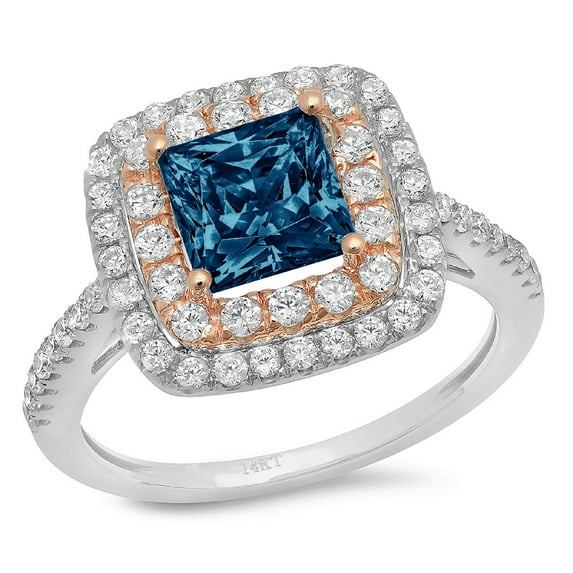 2.07 ct Princess Cut Natural London Blue Topaz with Simulated Diamond Halo Accents 18K White/Rose Gold Womens Engagement Ring