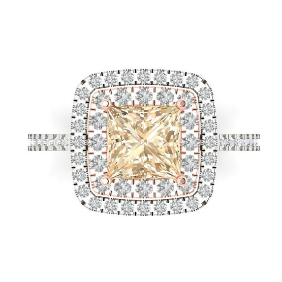 2.07 ct Princess Cut Natural Morganite with Simulated Diamond Halo Accents 14K White/Rose Gold Womens Engagement Ring