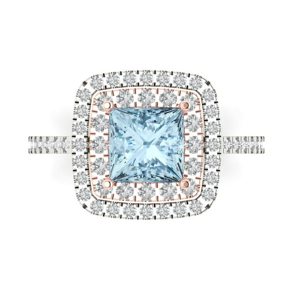 2.07 ct Princess Cut Natural Sky Blue Topaz with Simulated Diamond Halo Accents 14K White/Rose Gold Womens Engagement Ring