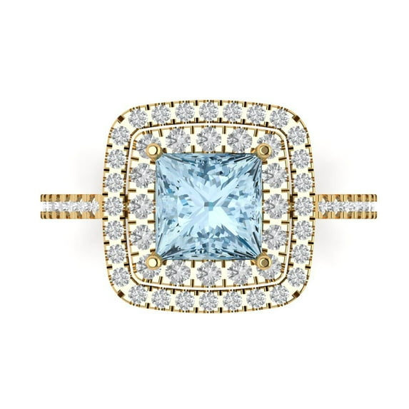 2.07 ct Princess Cut Natural Swiss Blue Topaz with Simulated Diamond Halo Accents 18K Yellow Gold Womens Engagement Ring