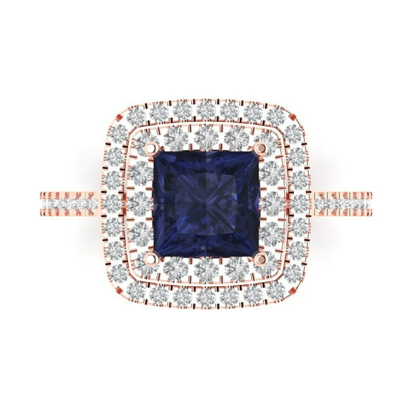 2.07 ct Princess Cut Simulated Blue Sapphire with Simulated Diamond Halo Accents 18K Rose Gold Womens Engagement Ring