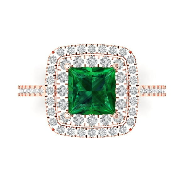 2.07 ct Princess Cut Simulated Emerald with Simulated Diamond Halo Accents 14K Rose Gold Womens Engagement Ring