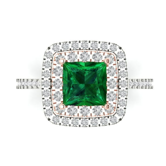 2.07 ct Princess Cut Simulated Emerald with Simulated Diamond Halo Accents 14K White/Rose Gold Womens Engagement Ring