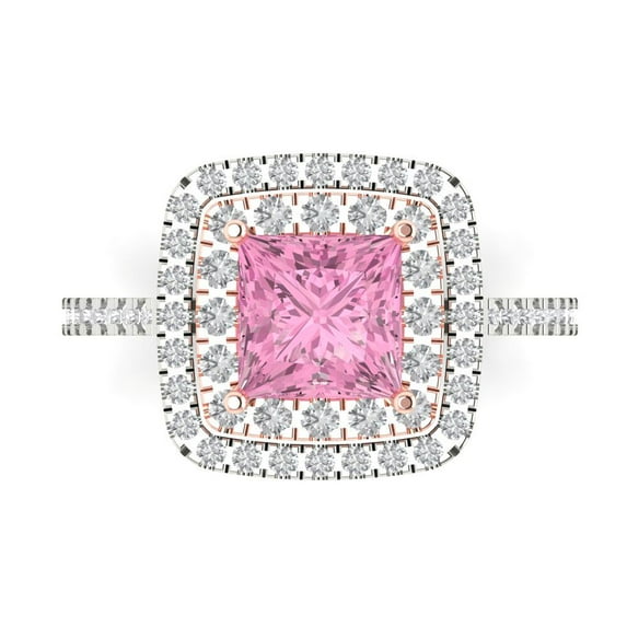 2.07 ct Princess Cut Simulated Pink Diamond with Simulated Diamond Halo Accents 18K White/Rose Gold Womens Engagement Ring