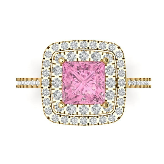 2.07 ctw with Simulated Diamond Halo Accents Anniversary Ring for Women | Princess Cut Simulated Pink Diamond | Hyperallergenic Solid 18K Yellow Gold