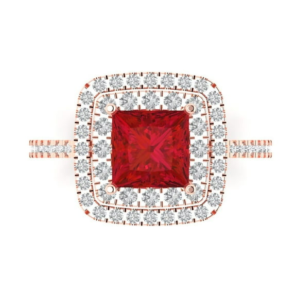 2.07 ct Princess Cut Simulated Ruby with Simulated Diamond Halo Accents 14K Rose Gold Womens Engagement Ring