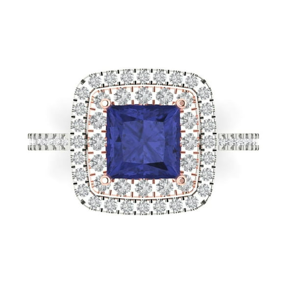 2.07 ct Princess Cut Simulated Tanzanite with Simulated Diamond Halo Accents 14K White/Rose Gold Womens Engagement Ring